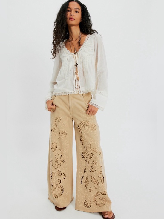 We The Free Denim - Free People Cut To The Chase Flare Jeans We The Free Embroider Cutwork Lace Tan